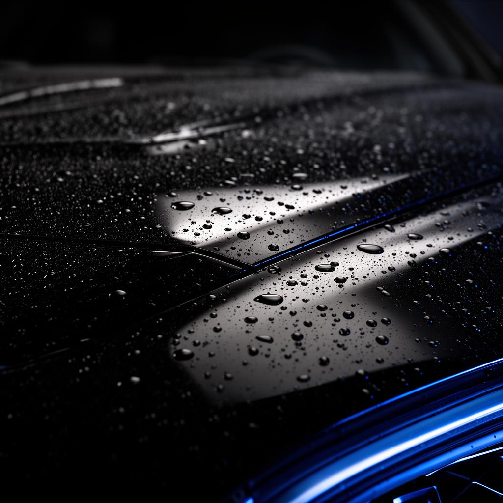 Glossy black luxury car with water beading